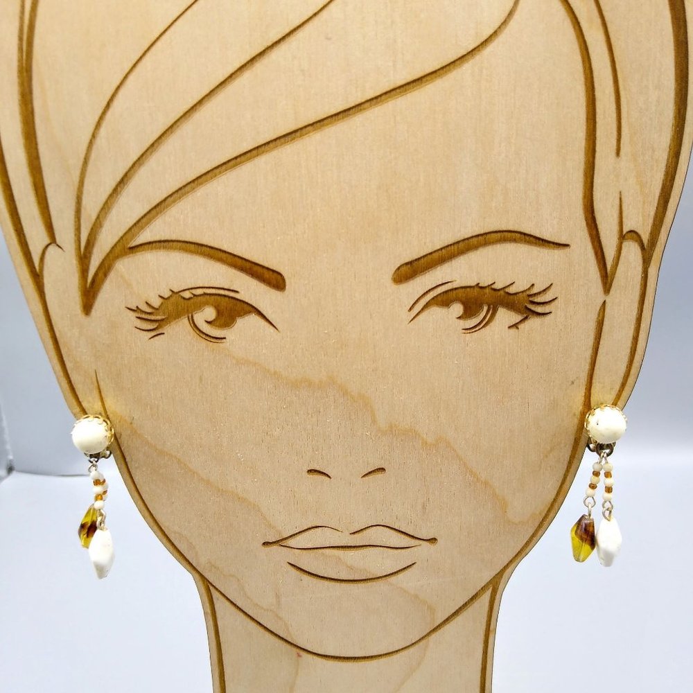 Mod Clip On Dangle Earrings, Vintage Fashion with White and Root Beer Lucite